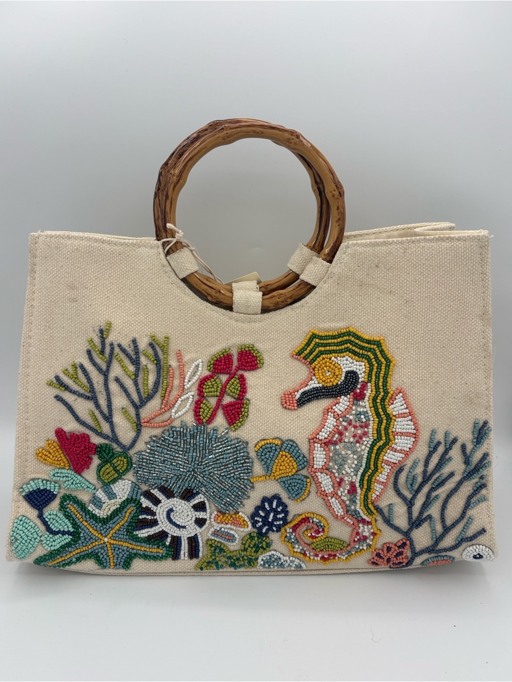Sol and Mer Beaded Seahorse Canvas Tote with Bamboo Handles - Natural